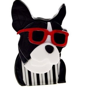 Black and white acrylic dog brooch with red sunglasses NEW